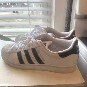 White Superstar Adidas Shoes with Black stripes womens size 8.5